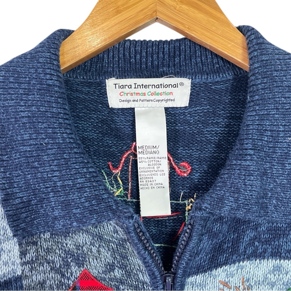 Vtg Christmas Cardigan Sweater M Blue Knit Zip Up Holiday Elbow Patch Cardinal - Picture 8 of 8